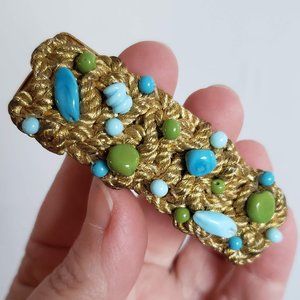 Vintage Unique GOLD TURQUOISE BROOCH Golden Rope Blue Green Beads